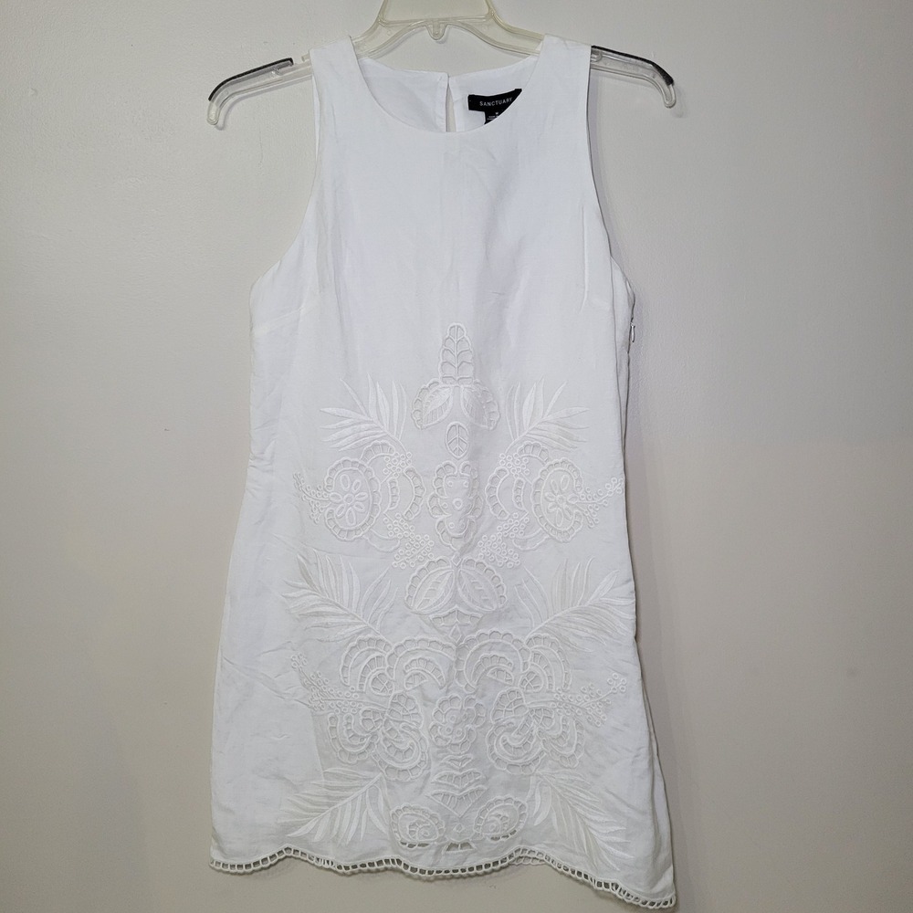 Sanctuary White Linen Blend Embroidered Sleeveless Shift Dress Womens Medium NWT